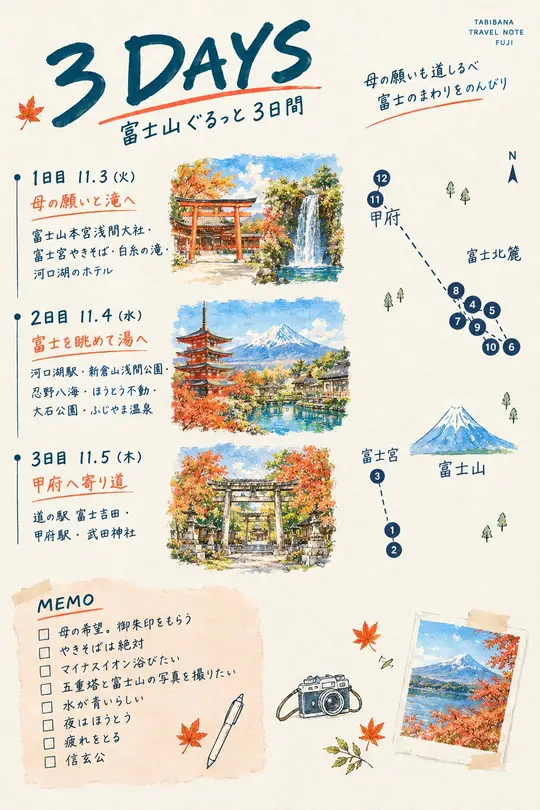 水彩の旅手帳の中面。旅の全体を描いた地図のページ