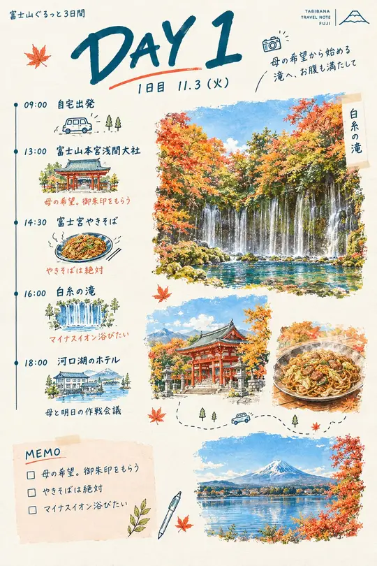 水彩の旅手帳の中面。1日目のページ