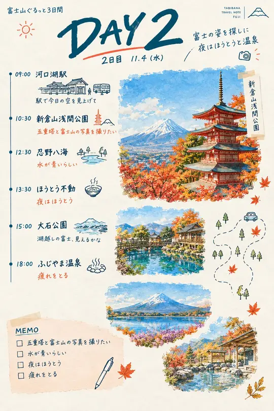 水彩の旅手帳の中面。2日目のページ