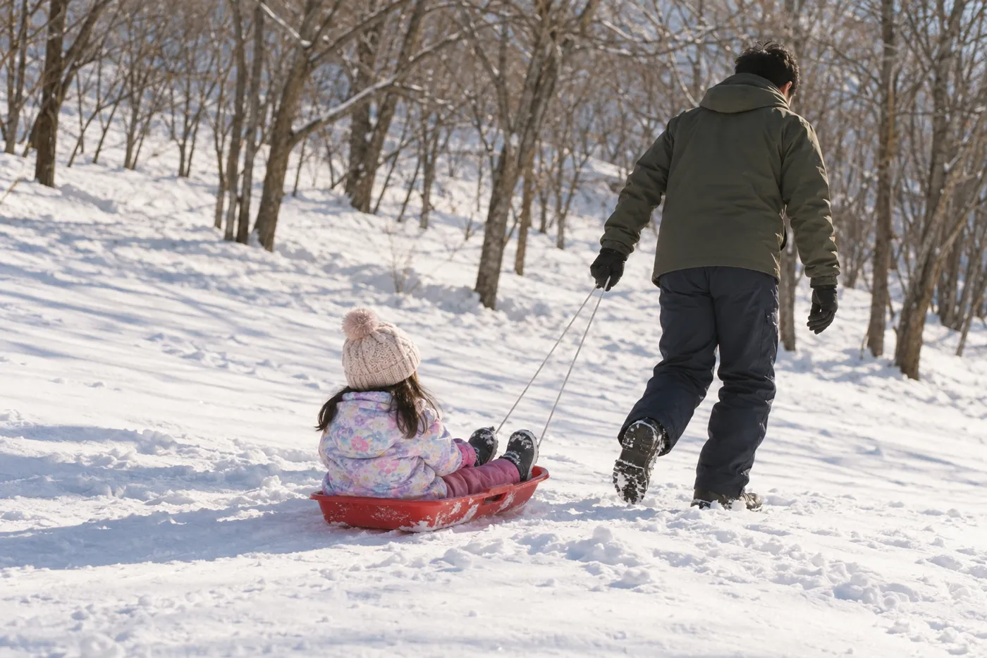 雪の斜面で、そりに乗った小さな女の子を父親がひもで引いているイメージ