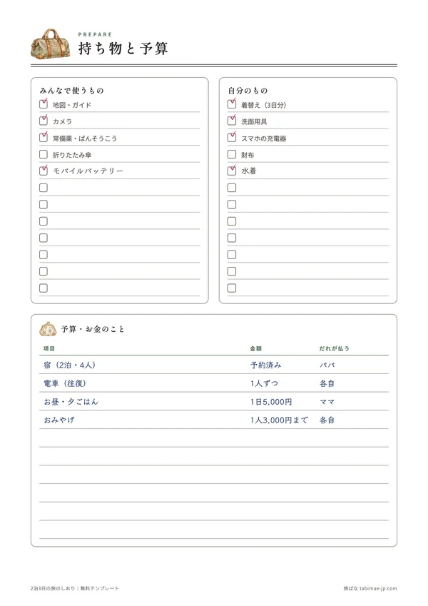 2泊3日の冊子の記入例