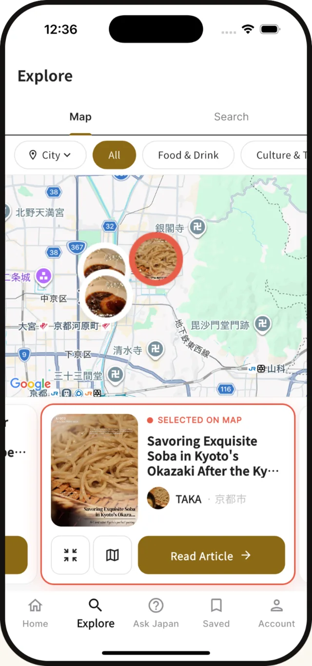 Explore map of Kyoto with guide pins