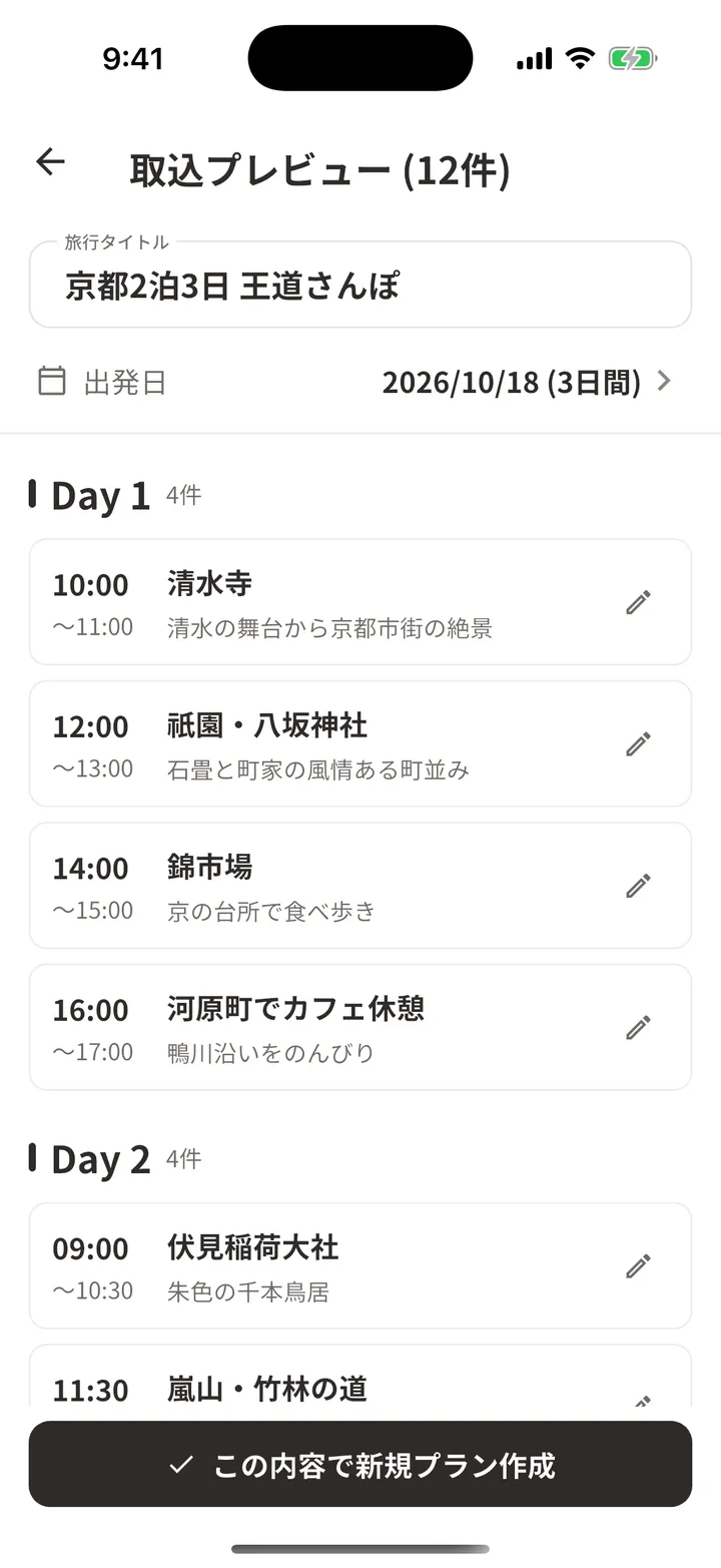 取込プレビュー画面。京都2泊3日の12件がDay1・Day2に分かれて並ぶ