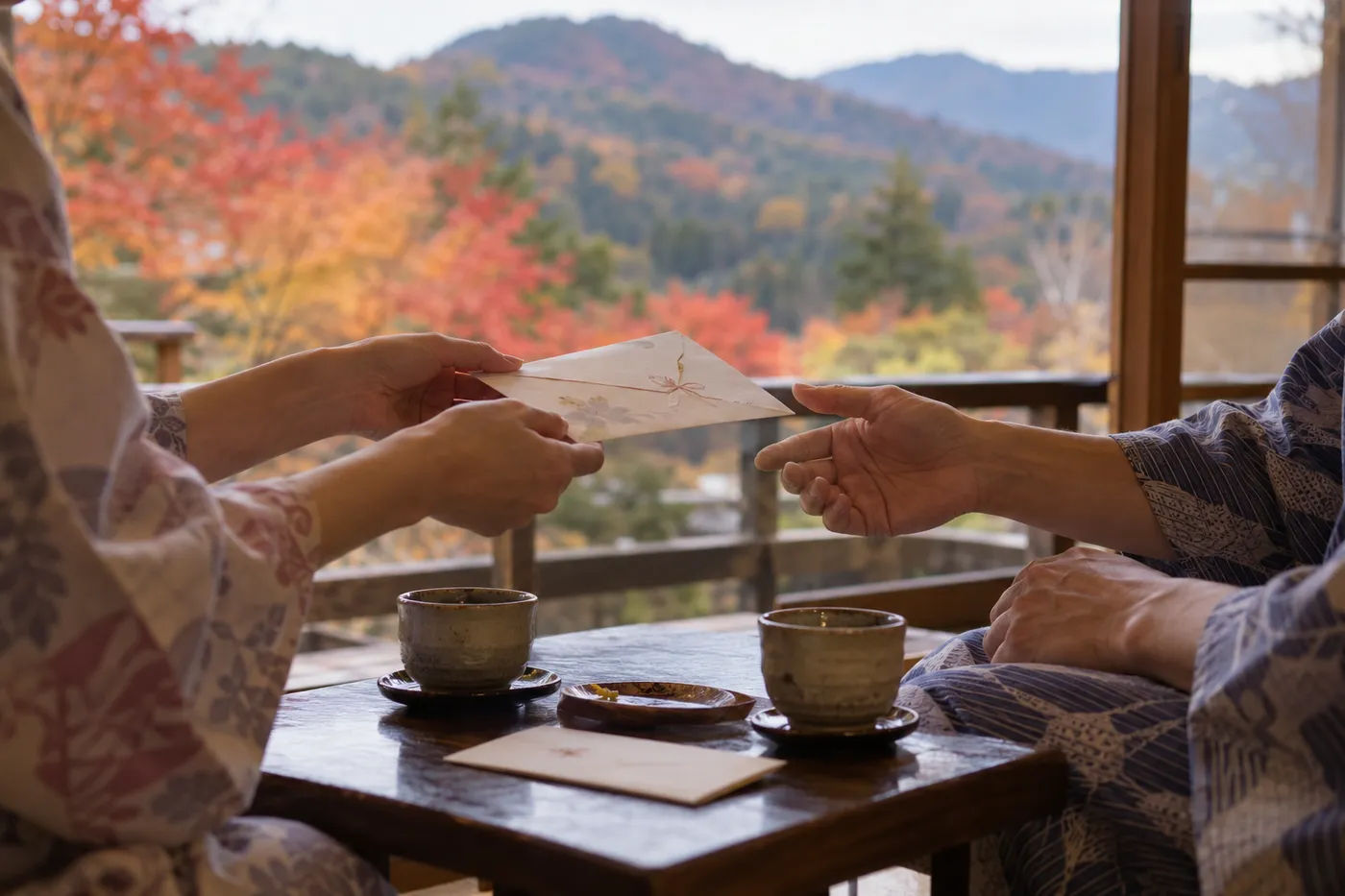 紅葉と山が見える旅館の縁側で、浴衣のふたりが封筒の手紙を手渡しているイメージ