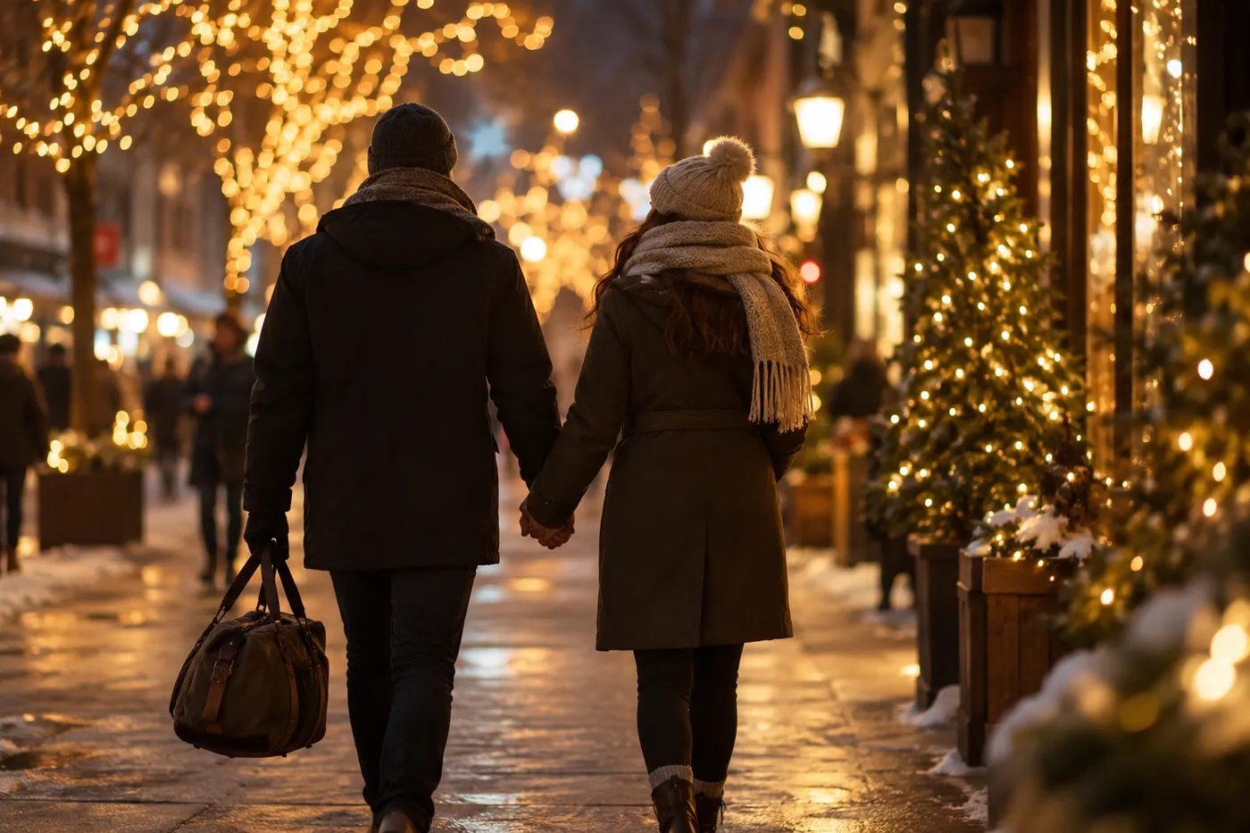 クリスマスのイルミネーションの並木道を、旅行かばんを持って手をつないで歩くカップルの後ろ姿のイメージ