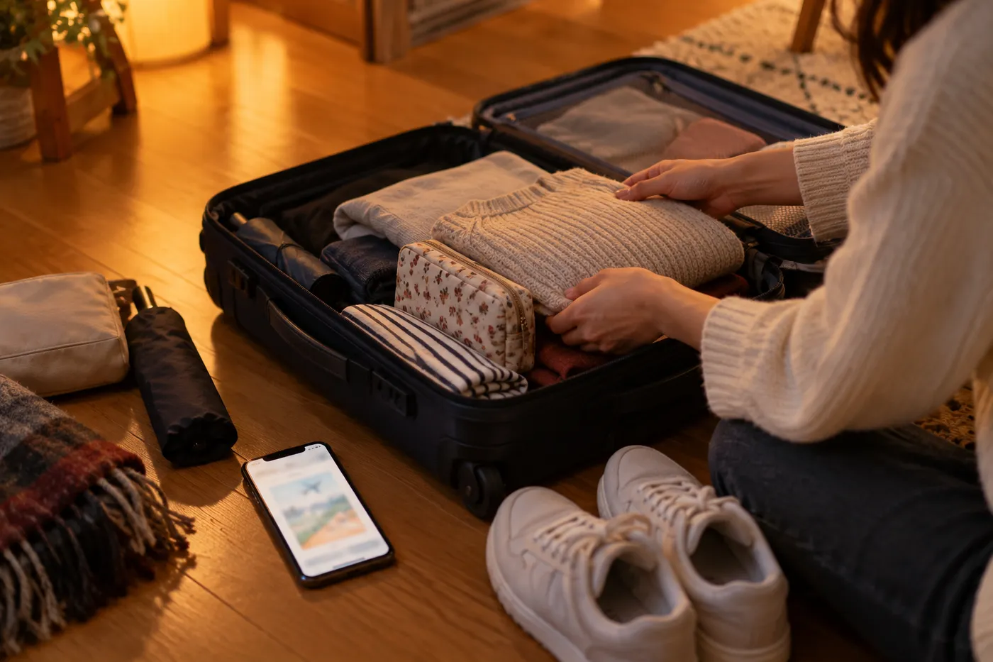 旅行の前に、スーツケースに服や小物を詰めている手元のイメージ