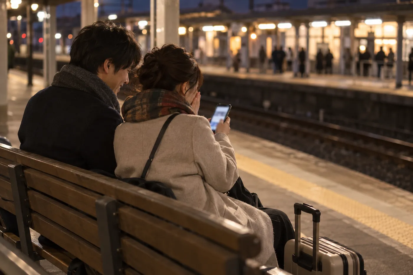冬の夕方の駅のホームで、ベンチに並んで座ったカップル。女性がスマホを見て驚き、男性が笑顔で見守っているイメージ