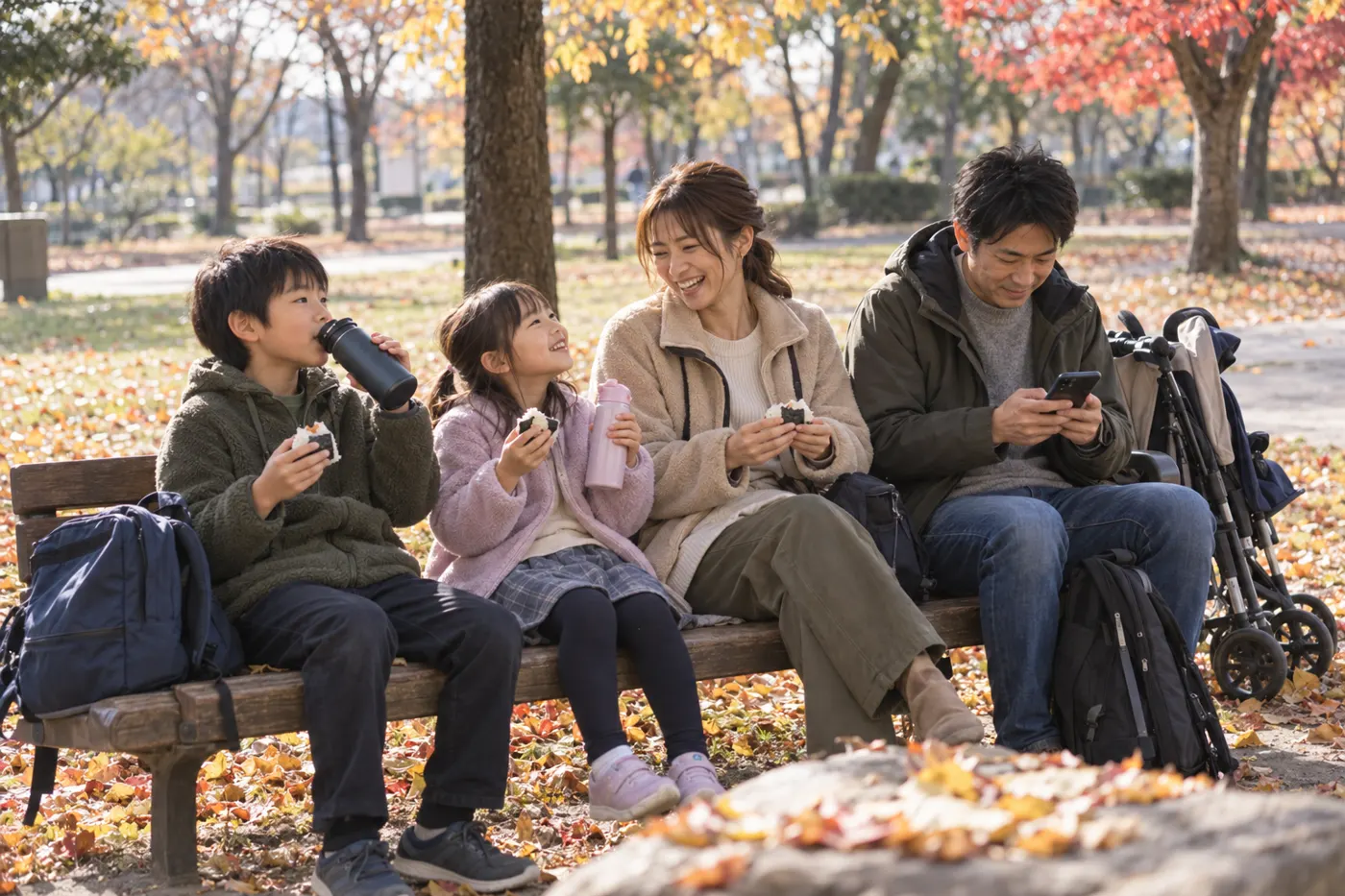 秋の公園のベンチで、おにぎりを食べて休む子連れの家族のイメージ