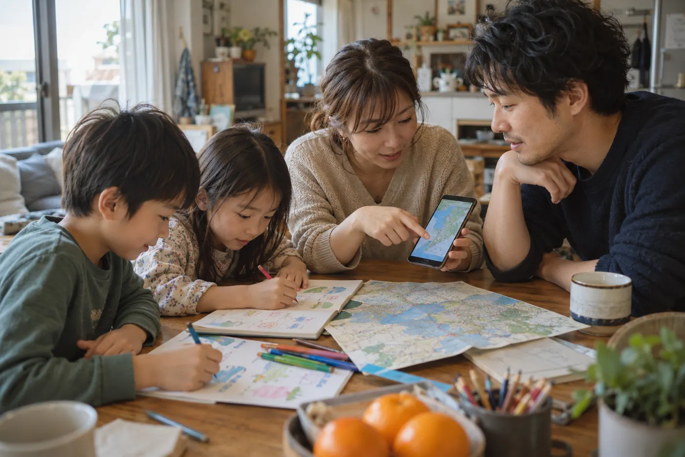 家のテーブルで、子どもたちが手作りのしおりに絵を描き、親がスマホの地図を見せている家族旅行の計画のイメージ