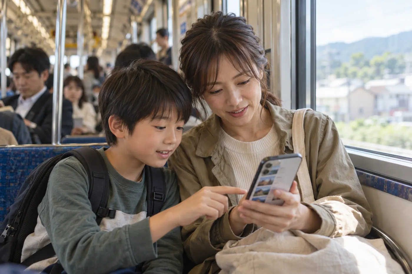 電車の中で、母親と男の子がスマホで旅程を一緒に見ているイメージ
