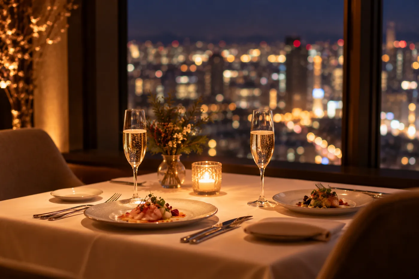 夜景の見える窓際の席に、グラスと料理が並ぶ夕食のテーブルのイメージ