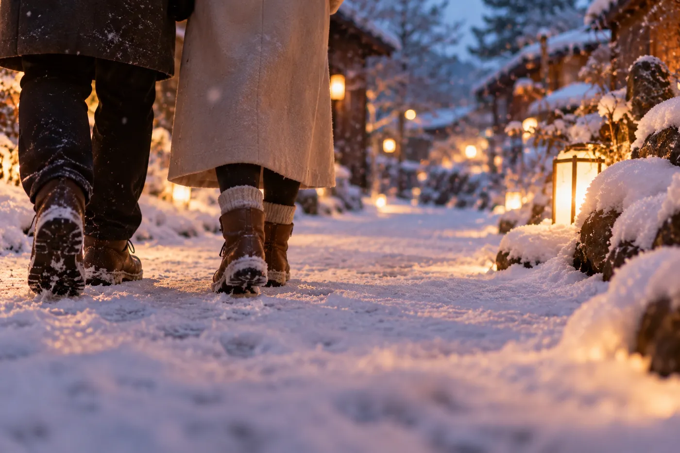 雪の道に並ぶ、ふたりぶんのブーツの足元のイメージ