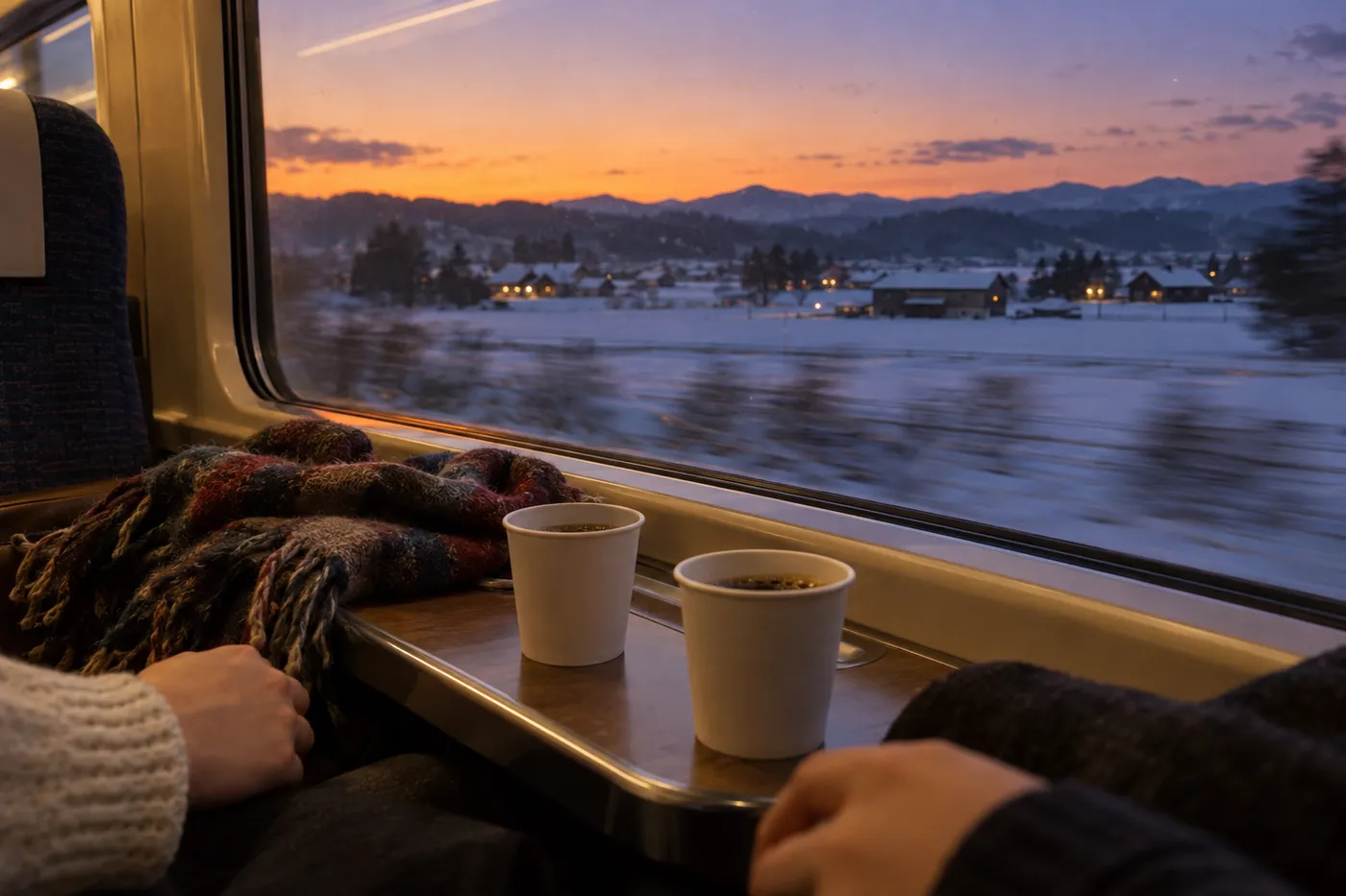 冬の夕暮れの列車の窓辺のイメージ(AI生成)
